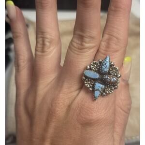 Native American Sterling Silver Golden Hills Turquoise Multistone Cross Zia Ring